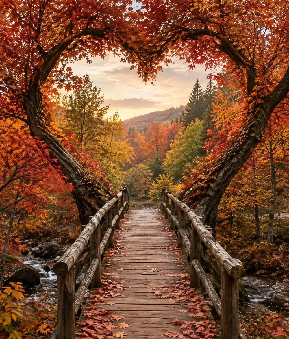 Ponte in un bosco autunnale con alberi che formano un cuore